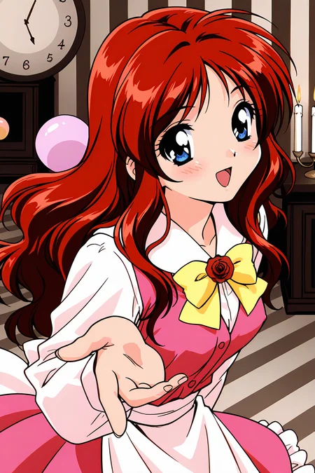 masterpiece, best quality, absurdres, official art, official style, rating general BREAK,
<lora:janjans1-hina_IL2_v1:0.7>, kawahara hina, 1girl, solo, red hair, blue eyes, parted bangs, shiny hair, retro artstyle, anime coloring, small breasts, hair down, long hair, wavy hair, floating hair, white shirt, collared shirt, long sleeves, puffy sleeves, yellow bowtie, red rose, neck flower, pink dress, pinafore dress, sleeveless dress, frilled dress, petticoat, drawer, white apron, waist apron, back bow, indoors, clock, wall clock, analog clock, pocket watch, gift box, balloon, big balls, ball, fire, candle, candlestand, shadow, striped, from above, close-up, dynamic pose, blush stickers, open mouth, puffy nipples, shiny skin, smile, upper body, outstretched arm, looking at viewer, outstretched hand, :d, reaching towards viewer, reaching, fingernails