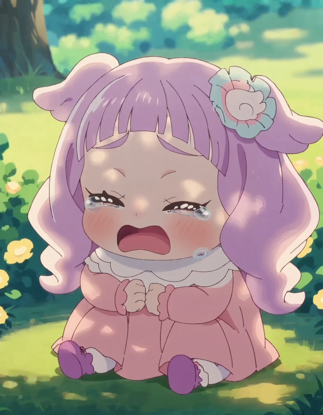score_9, score_8_up, score_7_up, anime screencap, solo,1girl,ellee-chan, closed eyes, open mouth, crying, tears, sitting, hair ornament, blush, dress<lora:ellee-chan:0.8>