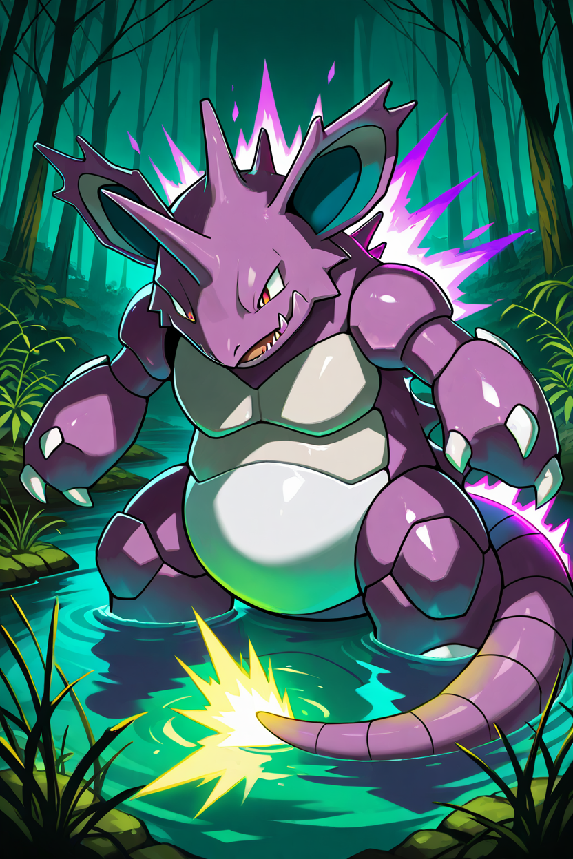 masterpiece, best quality,   Nidoking, solo, no humans, pokemon (creature), single horn, claws, <lora:NidokingPokedexIXL:1.0>,  wading through a glowing, toxic swamp, thick green fog rising around its powerful frame, glowing purple aura radiating from its body, tail smashing into the murky water, creating a massive splash, towering blackened trees in the background, eerie neon glow from bioluminescent plants, regal yet dangerous, ominous atmosphere,