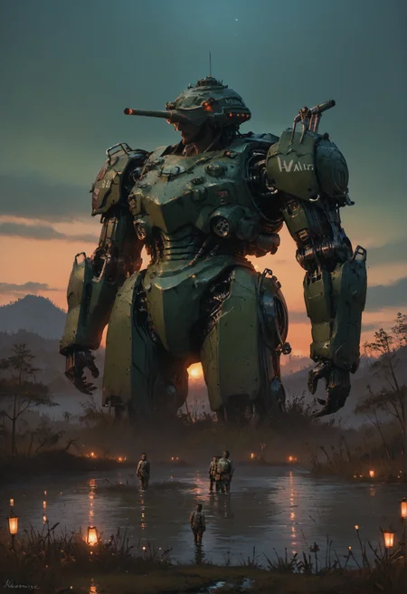 score_9, score_8_up, score_7_up, <lora:MechaForge-000003:1> m3chaf0rge, giant, giant mech, mecha, bipedal mech, science fiction, sunset, tank, military mech, full body, legs, swamp, wetland, people,