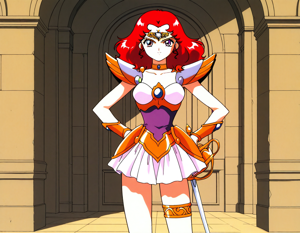 general,highres, ultra-detailed,very aesthetic,best quality ,best hands,  BREAK <lora:Scarlett_ohara_IS:1> Scarlett_ohara, 1girl,solo, red hair, long hair, purple eyes, breasts, 1990s (style), anime coloring, 
 choker, armor, 1990s (style), skirt, hand on hip, smile, tiara, jewelry, magical girl, thighlet, white skirt, miniskirt, thigh strap, armored dress, bracer, shoulder armor, blue eyes, looking at viewer, short hair, pauldrons, cowboy shot,
hold, sword, rapier, serious face, fighting pause,
day, say,