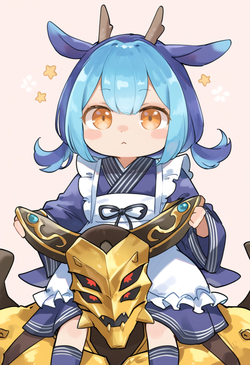 (score_9:0.9),score_8_up,score_7_up,rating_explicit,realistic,(zPDXL),<lora:eldlich the golden lord ponyXL v3:0.83>,eldlich the golden lord,fingerless gloves,blue maid outfit,laundry dragonmaid,1girl,blush stickers,chibi,shoulder carry,1boy,sitting on shoulder,