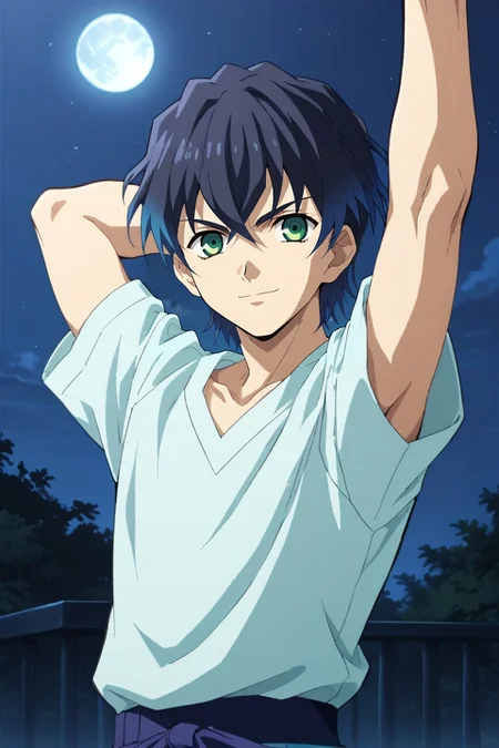 score_9, score_8_up, score_7_up, , , rating_safe, intricate details, looking at viewer, , 1boy, male focus, <lora:inosuke_hashibira_pony:0.56>, inosuke_hashibira, black hair, green eyes, blue hair, multicolored hair, bangs, short hair, hair between eyes, gradient hair, solo, straight-on, fantasy land, night, full moon, stretching, (closed eyes:1.2), smile, <lora:fsn_style_pony:0.76>, fsn_style, , <lora:sdxl_lightning_8step_lora:1>