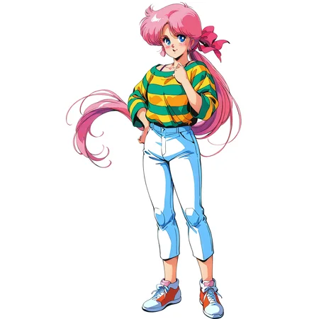 [generated by waiNSFW_v120:100]
anime coloring,  4K, BREAK
<lora:elaine-IL_v1:1>elaine, 1girl, bangs, solo, 1980s(style), retro art style,
purple pink hair, low ponytail, very long hair, pink hair ribbon, BREAK
blue eyes,  BREAK
striped shirts,  white capri pants,
shoes,
blush
standing,
no background, white background,
beautiful face, best quality,