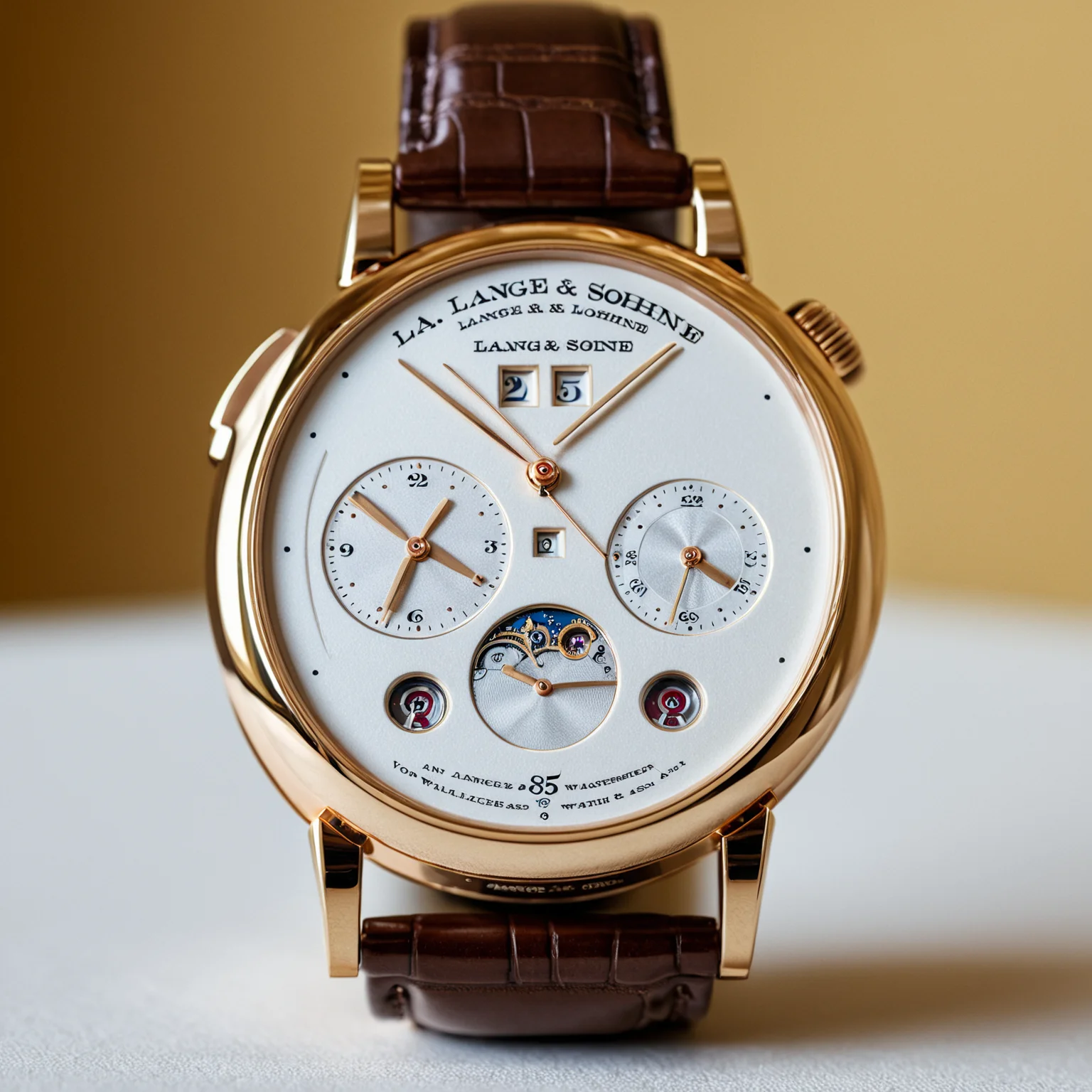 <lora:W4tch35_05XL-final:1>,an advertising photograph of a beautiful (W4tch35:1.2) as a (lange & sohne:1.3) watch,on a watch stand,with detailed movement,medium shot,tilt shift,bokhe,8k wallpaper,masterpiece,photorealistic,HDR UHD,high contrast,hyper realistic,volumetric lighting,