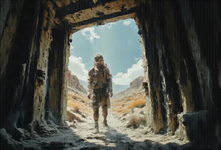 A stark contrast between the cool, artificial world of an air-conditioned room and the scorching heat of a desert landscape in June. In the foreground, a person clad in a lightweight, beige-colored shirt and shorts with a backpack slung over one shoulder is captured mid-step as they cross the threshold from a sleek, modern building into the harsh outdoors. The door to the building is open, framing a glimpse of the chilly interior with gleaming chrome surfaces reflecting the outside glare. The figure's shadow stretches long and dark across the threshold, emphasizing their transition from comfort to challenge. The desert scene unfolds behind them with an unyielding expanse of golden sand, dotted with sparse, hardy vegetation. The horizon is a mirage of heat waves, dancing and distorting the view of distant rock formations that rise like ancient sentinels from the sea of sand. The sky is a deep, cloudless blue, punctuated by the intense white-gold light of the sun, which is high and unforgiving. The person's skin is already flushed, and beads of sweat glisten on their forehead, neck, and the small of their back. Their eyes are narrowed and determined, looking ahead into the vastness as if searching for an invisible path. The starkness of the scene is accentuated by the sharp transition from the cool, shadowy doorway to the bright, saturated heat outside, creating a visual metaphor for the journey from the familiar into the unknown.