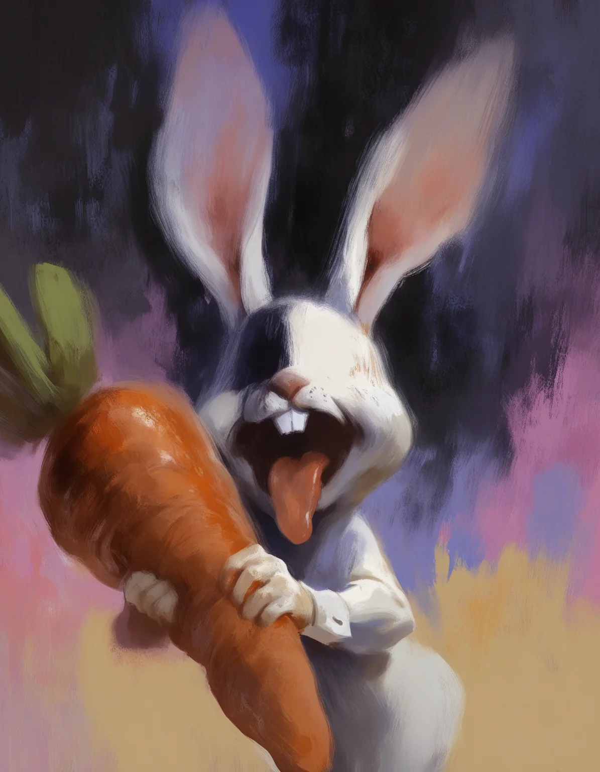 painting \(medium\), painterly,
bunny rabbit, rabbit ears, no eyes, no humans, furry, holding huge carrot, cartoon, shaded face, shadow, open mouth, tongue out, buckteeth,
faux traditional media, multicolored background,
style of disco elysium <lora:DiscoElysium NoobAI v-pred:0.8>