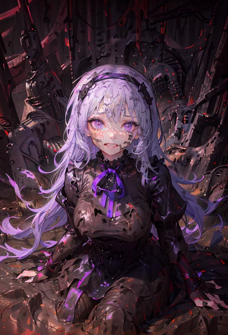 ((((((((covered in mud)))))))),(((((mud))))),(((((dirty))))),(((((messy))))), (((((dirty face))))), (((torn clothes))),((masterpiece)), ((best quality)), ((ultra-detailed)), ((illustration)), Amazing, beautiful detailed eyes, finely detail, (((purple
gothic fashion frilled dress))), (((light purple long hair))),(purple eyes), hairband, long sleeves, neck ribbon, puffy sleeves, skirt pleats, dress bow, Medium breasts<lora:vividWatercolorsLora_10:1> <lora:partiallySubmergedInto_partiallySubmerged641:1>