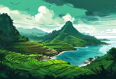 island landscape concept art, ((Philippines rice terraces)), (((coast, ocean))), ((battlefield, war, explosions, concrete bunkers)), green and blue tones, black tones, dark tones, scifi features, deep shadows, ((graphic novel sketch, black sketch lines, low-key cinematic lighting, thick ink outlines, digital oil painting, posterized, cel shading, vector illustration, tenebrism, bold brush strokes, subtle colors))