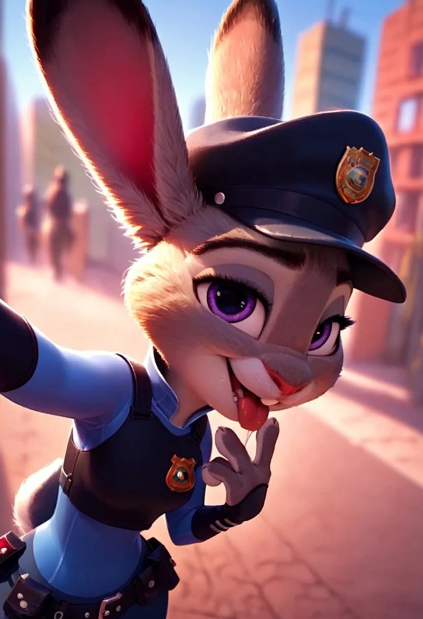 (score_9, score_8_up, score_7_up, score_6_up, score_5_up, score_4_up), source_cartoon,
1girl, medium breasts, wide hips, judyhopps, anthro, furry, cute, police uniform,
selfie, ,city street, day,  judyhopps looking at viewer, head to side, explicit hand motion, smiling,  selfie,  tongue out,selfie,   cheater, ntr,  (sexy perfect face),  saliva,