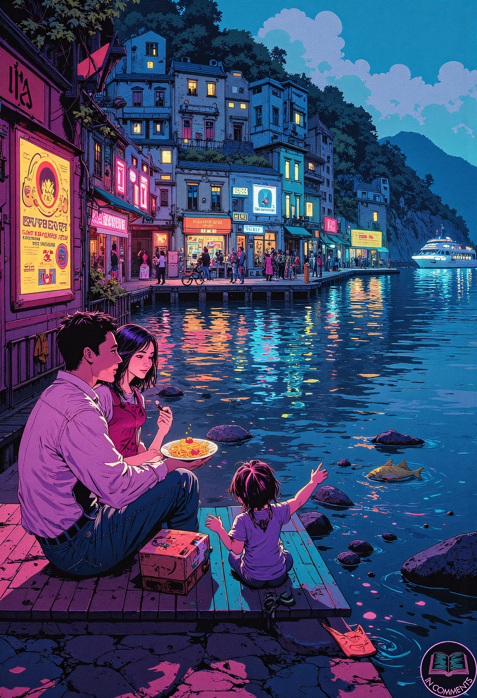 A digital illustration of a family of three sitting on a dockside bench in a cyberpunk fishing village inspired by the Italian coastline of Cinque Terre. The parents are sharing a futuristic gelato served in a glowing, levitating dish, while their young daughter, with bioluminescent streaks in her hair, plays with a small robotic fish by the water's edge. Behind them, vibrant neon shopfronts display holographic advertisements for artisanal seafood and cyber-enhanced diving gear, their reflections shimmering in the ocean. A distant ferry equipped with glowing thrusters hums quietly as it approaches the harbor. The mood is serene and playful, blending natural beauty with the vivid, high-tech charm of the cyberpunk aesthetic.
