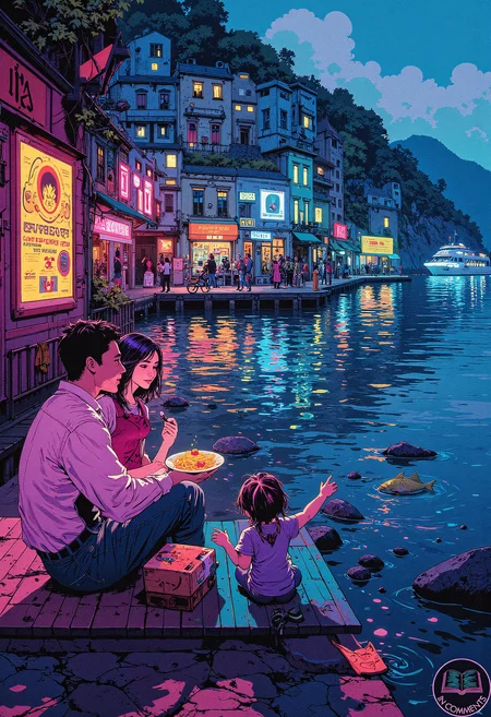 A digital illustration of a family of three sitting on a dockside bench in a cyberpunk fishing village inspired by the Italian coastline of Cinque Terre. The parents are sharing a futuristic gelato served in a glowing, levitating dish, while their young daughter, with bioluminescent streaks in her hair, plays with a small robotic fish by the water's edge. Behind them, vibrant neon shopfronts display holographic advertisements for artisanal seafood and cyber-enhanced diving gear, their reflections shimmering in the ocean. A distant ferry equipped with glowing thrusters hums quietly as it approaches the harbor. The mood is serene and playful, blending natural beauty with the vivid, high-tech charm of the cyberpunk aesthetic.