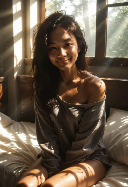 score_9, score_8_up, score_7_up, score_6_up, asian,  female swimwear, small breasts, long hair ,solo smile ,sunlight ,looking at viewer ,off shoulder,  black hair realistic, messy hair, dark skin, indoors ,backlighting , collarbone , lens flare ,window dark-skinned female, grey shirt long sleeves closed mouth dappled sunlight hand between legs,