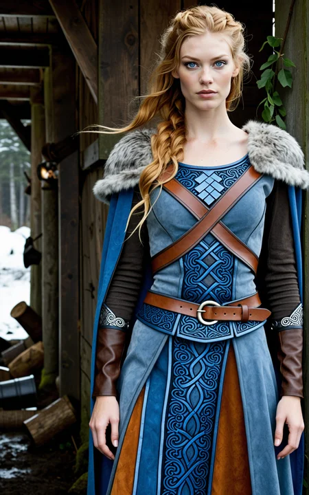 1girl,Viking, Aslaug from the TV series Vikings, Alyssa Sutherland, 25yo, long hair, blonde hair, orange hair, wavy hair, hair styled to the side, blue eyes, dark makeup, slim, large breasts, A ceremonial warrior outfit in midnight blue, frost silver, and earthen brown, featuring a battle skirt made from layered suede panels. A fitted leather chest plate is adorned with delicate knotwork embossing, secured by crisscrossing straps over the back. Worn with a fur lined cape and reinforced bracers.,