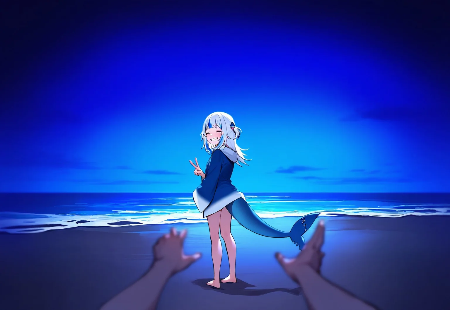 masterpiece, best quality,
gawr gura, wide shot, ocean, from behind, shark tail, barefoot, v, looking back, closed eyes, grin, night, tears, pov hands, tearing up, water, beach, sand, night sky, standing,