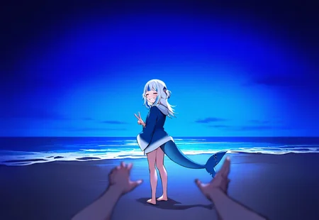 masterpiece, best quality,

gawr gura, wide shot, ocean, from behind, shark tail, barefoot, v, looking back, closed eyes, grin, night, tears, pov hands, tearing up, water, beach, sand, night sky, standing, 