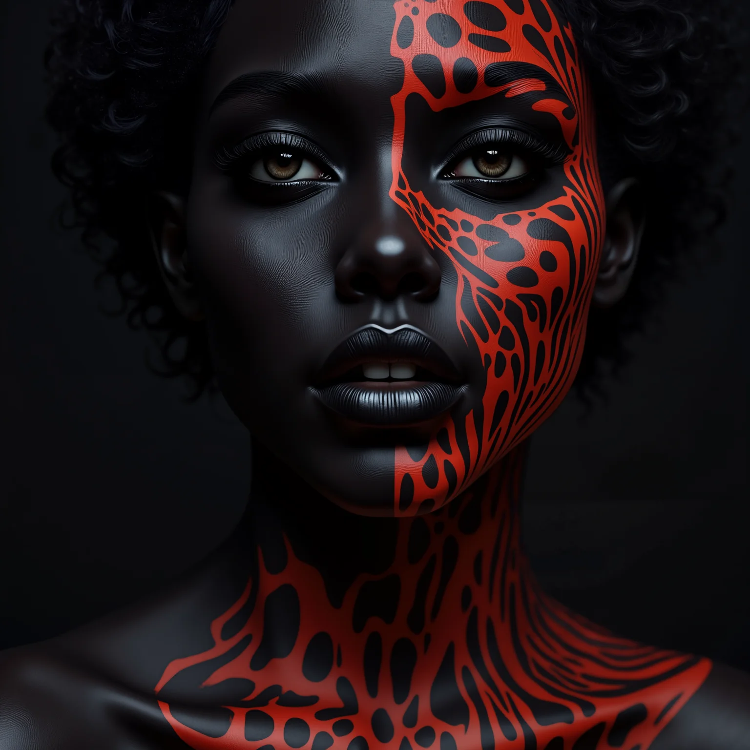 A portrait of a woman with deep black skin is beautifully adorned with a subtle red pattern that gently weaves across her face, enhancing her striking features and creating a captivating contrast that draws the eye.<lora:MyLoras\Cuteism\Flux_CuteismV1a.safetensors:1.0:1.0> <lora:MyLoras\FantasmV1\Flux_Fantasm.safetensors:0.5:0.5> <lora:Merge\best_of_flux_v30_rank64_bf16-step01750.safetensors:0.4:0.4>