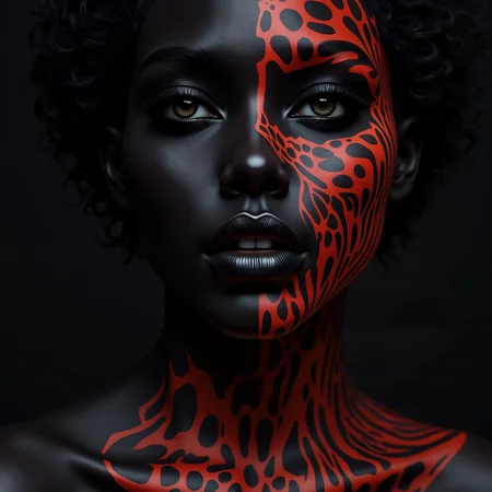 A portrait of a woman with deep black skin is beautifully adorned with a subtle red pattern that gently weaves across her face, enhancing her striking features and creating a captivating contrast that draws the eye.<lora:MyLoras\Cuteism\Flux_CuteismV1a.safetensors:1.0:1.0> <lora:MyLoras\FantasmV1\Flux_Fantasm.safetensors:0.5:0.5> <lora:Merge\best_of_flux_v30_rank64_bf16-step01750.safetensors:0.4:0.4>