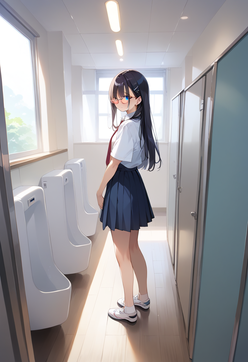 score_9, score_8_up, score_7_up, rating_safe, masterpiece, best quality, absurdres, unity 8k wallpaper, official art, official style, source_anime, game cg, megami magazine,
1girl, solo, glasses, black hair, long hair, blue eyes, collared shirt, red necktie, pleated skirt, blue skirt, looking at viewer, blush, 
danshitoire, syobenki, urinal,  koshitsu, door, indoors, window, scenery, day,
<lora:danshi_toilet_PONY_V5:0.6>