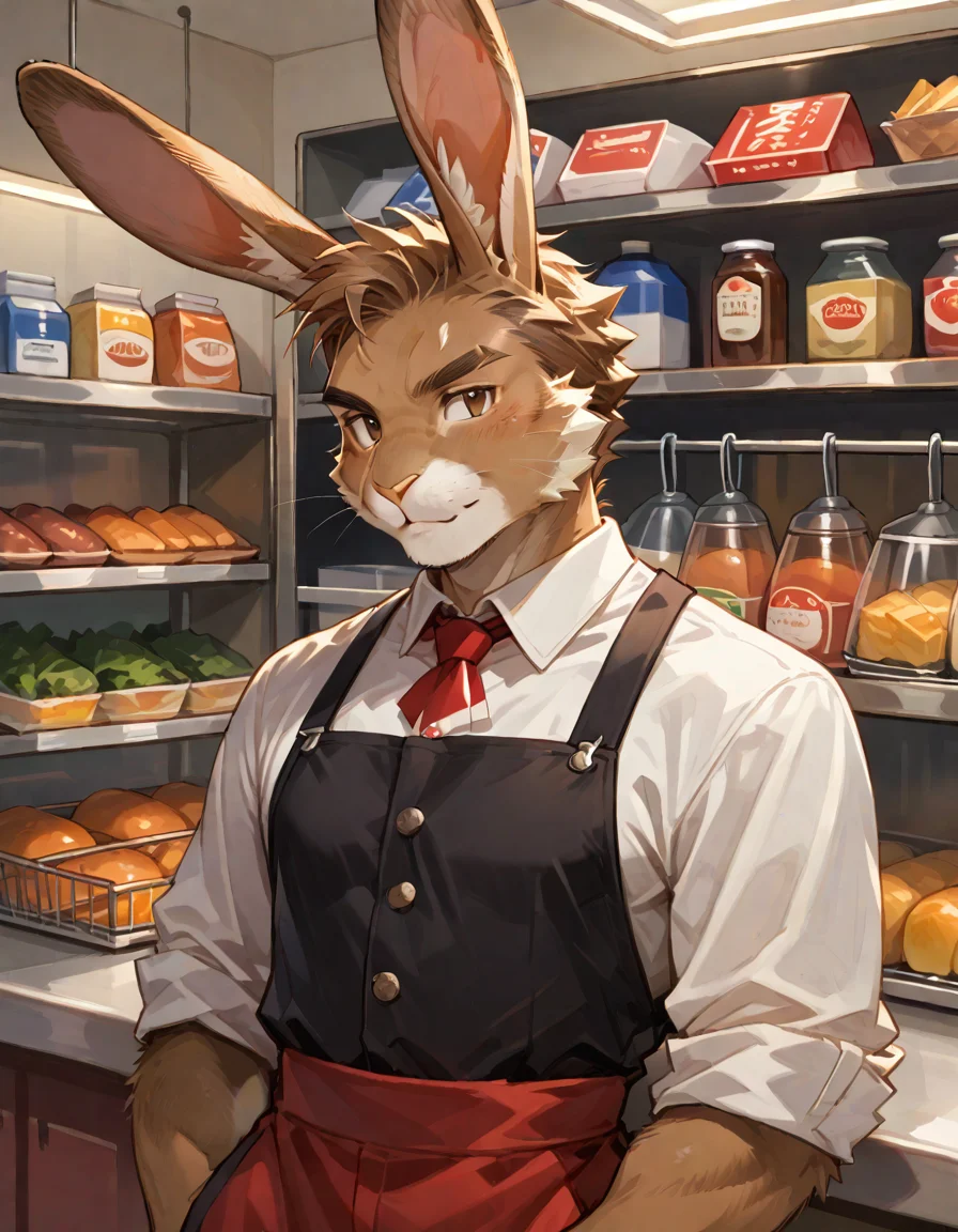 score_9, score_8_up, score_7_up, source_anime, (rabbit man), furry body, brown fur, (dressed in as a cashier in a supermarket), character portrait, upper body, rating_safe, <lora:Anime_Furry_Style:0.6>