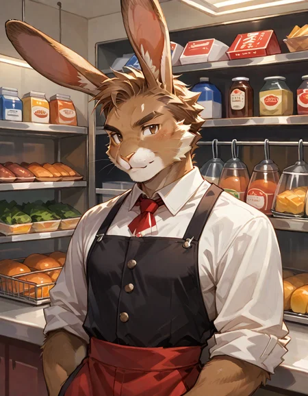 score_9, score_8_up, score_7_up, source_anime, (rabbit man), furry body, brown fur, (dressed in as a cashier in a supermarket), character portrait, upper body, rating_safe, <lora:Anime_Furry_Style:0.6>