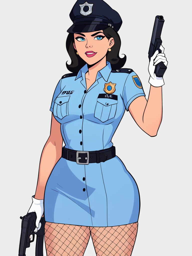 score_7_up, score_8_up, score_9, masterpiece, perfect face, perfect hands, high quality, 1girl, solo,  <lora:policewoman:0.6> hud_plce_wmn, short blue dress, short sleeves, belt, police hat, fishnets, badge, buttons, gun, <lora:DrGSDXL-Update:1> drg, wide hips, narrow waist, black hair, white gloves,