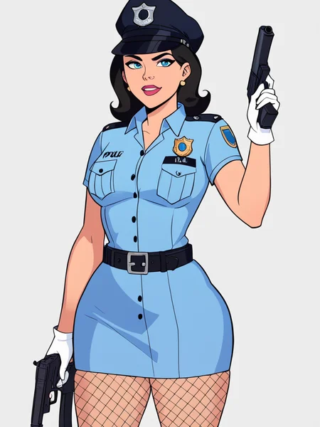 score_7_up, score_8_up, score_9, masterpiece, perfect face, perfect hands, high quality, 1girl, solo,  <lora:policewoman:0.6> hud_plce_wmn, short blue dress, short sleeves, belt, police hat, fishnets, badge, buttons, gun, <lora:DrGSDXL-Update:1> drg, wide hips, narrow waist, black hair, white gloves,