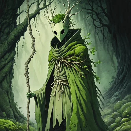 <lora:Dark_GhibliSDXL:1> Studio Ghibli Dark Fairytale, The image is a digital illustration of a mythical creature standing in a dark and eerie forest. The creature appears to be a tall slender figure with a large head and a pointed nose. It is covered in green moss and has a large tree trunk that extends from its base. The tree trunk is twisted and gnarled giving it an eerie and eerie appearance. The figure is holding a staff with a bunch of green leaves in its hand. The staff is wrapped in a thick green cloth and is tied with a rope. The background is filled with tall dark trees and rocks creating a sense of depth and mystery. The overall mood of the image is dark and foreboding., holding, solo, staff, holding staff, standing, torn clothes, hood, tree, robe, cloak