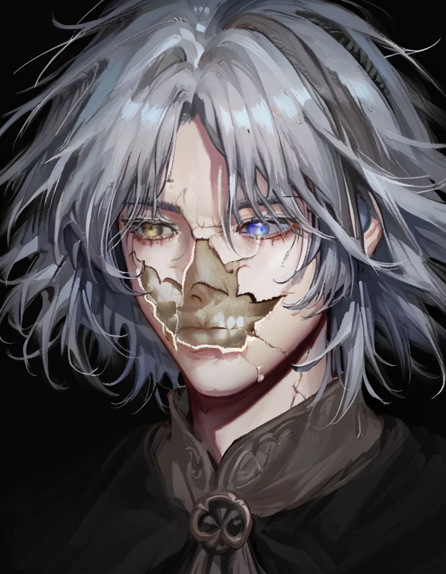 score_9, score_8_up, score_7_up, source_anime, upper body, solo, black background, 1girl, CoverMadrabyNewDad, eveyuno, <lora:CoverMadrabyNewDad:1>, DarkMelina, gray hair, scars, blue pupil, yellow pupil, heterochromia, <lora:DarkMelina:0.8>