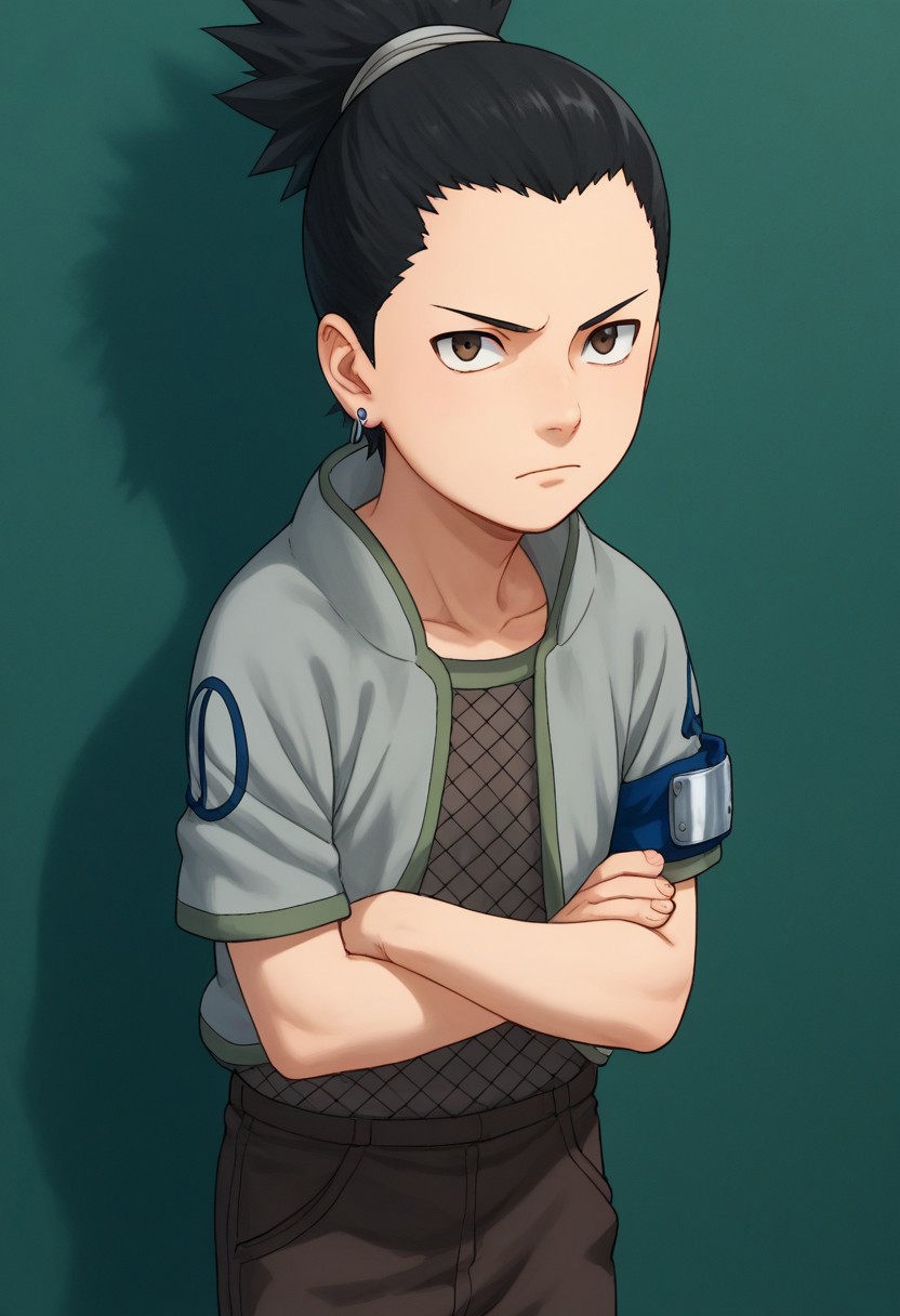 score_9, score_8_up, score_7_up, highly detailed, cute boy, 1boy, solo, young, Shikamaru_Nara, Brown Eyes, Black Hair, Ponytail, Earrings, Grey Jacket, Armband, Fishnet Shirt, Brown Pants, Arms crossed,