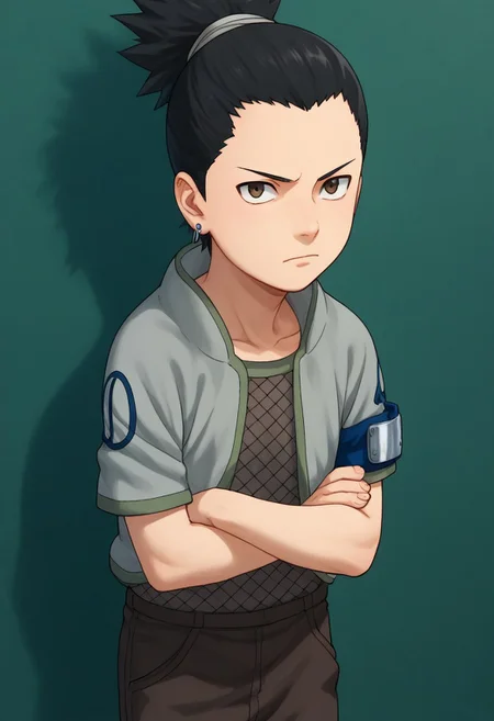score_9, score_8_up, score_7_up, highly detailed, cute boy, 1boy, solo, young, Shikamaru_Nara, Brown Eyes, Black Hair, Ponytail, Earrings, Grey Jacket, Armband, Fishnet Shirt, Brown Pants, Arms crossed,