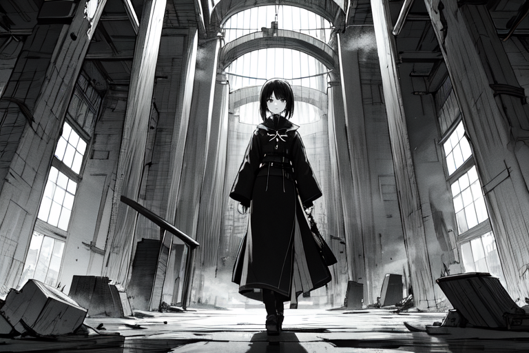 highly insanely detailed, masterpiece, top quality, best quality, highres, 4k, 8k, RAW photo, (very aesthetic, beautiful and aesthetic),  
tsutomu nihei,nihei_tsutomu,blame!,blame gakuen!,abara,TNstyle,sidonia_no_kishi,(tunnel,city ruins,stairs,mausoleum,tower,megastructure in background),drainpipe,air conditioner,lantern,smoke,steam,fog,mist, 
<lora:ABARA:0.3>, 
(1girl:1.3), 
solo focus, 
art nouveau architecture,âââ