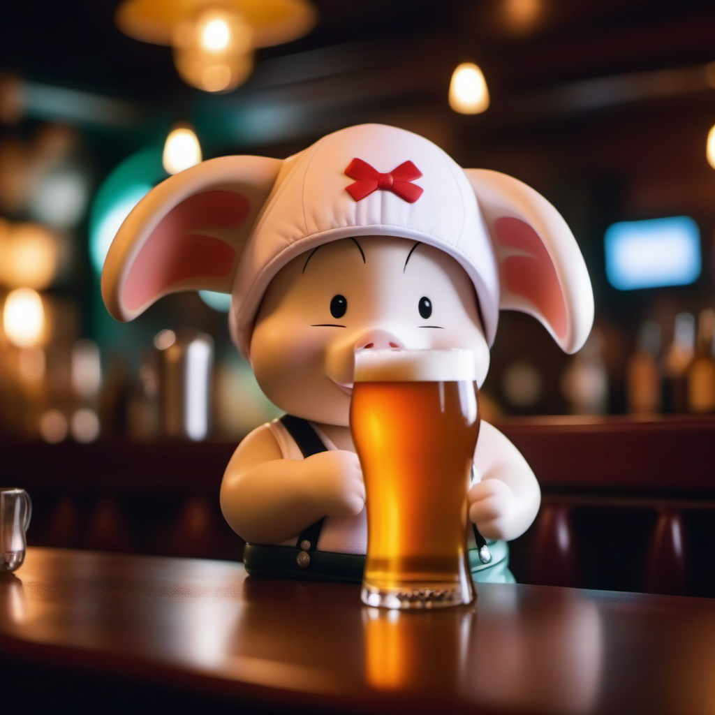 cinematic photo a ping Oolong furry animal with white panty on the head, having a beer in a pub <lora:Oolong1024-v2:0.8> . 35mm photograph, film, bokeh, professional, 4k, highly detailed