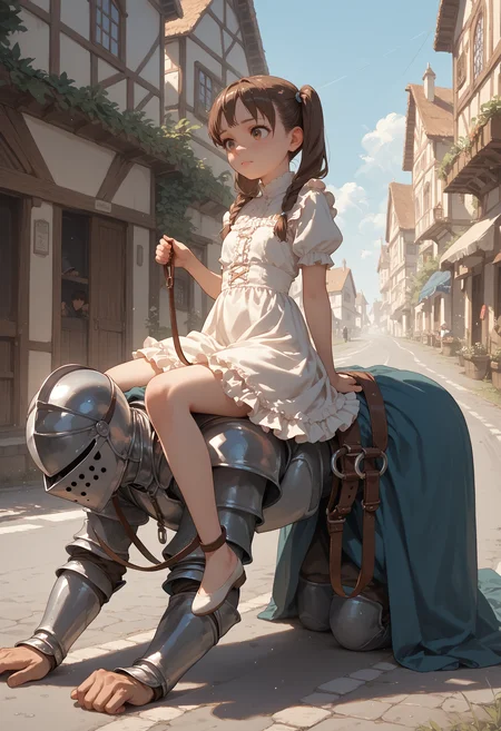 score_9, score_8_up, score_7_up, score_6_up, source_anime,
1girl, brown hair, twintails, frilled dress,
sitting on person,
1boy, knight, all fours, reins, riding,
village, road, out of frame,
<lora:sitting_on_person_v0.1-pony:1>