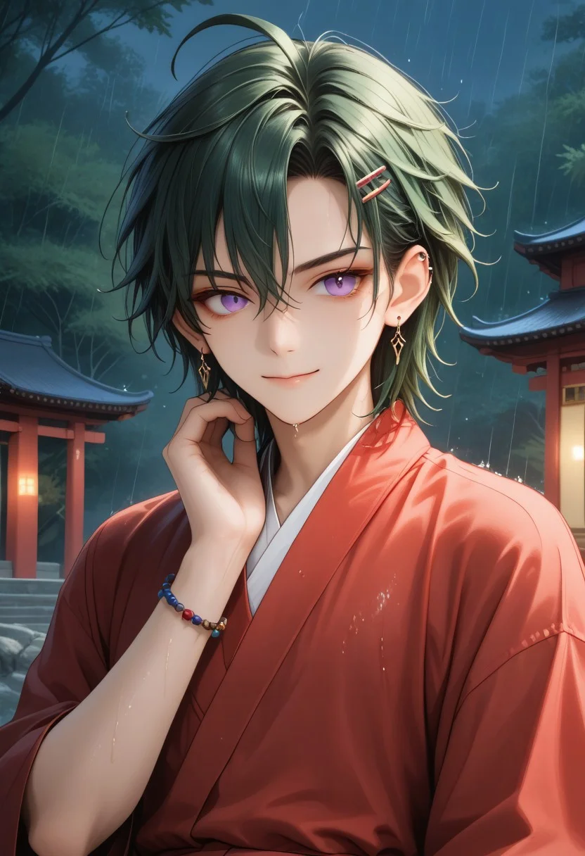(Masterpiece:1.4), (best quality:1.2), (perfect anatomy), (extreme eye detail) (perfect eyes), (perfect hands), (perfect face),1boy, solo, antherima, solo,dark green hair, hair between eyes, asymmetrical hair parting on left, hair clip on left side, ahoge, medium length bangs, anime reference, purple Eyes, ((slit_pupils)), light_red_eyeshadow, ((1_earstud_left_side)), beaded bracelet, backlit character, looking at viewer, smiling, closed mouth, thin waist, wet, black and red clothing, wet clothing, BREAK,
shrine, japanese shrine, bamboo trees, night, nighttime,raining, heavy rain, low light, dark, paved path, moss, extreme detail, detailed scenery, detailed background,