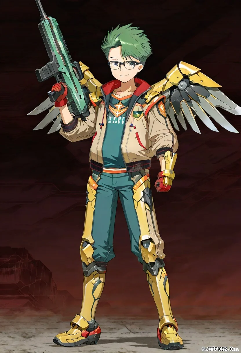 gb4_tao, green hair, short hair, grey eyes, 1boy, solo, male focus, glasses, lean body, young, youthful, wear mecha armor with eagle mecha wings, yellow mecha armor theme, fly toward the viewer, fight pose, high quality,  armaments equipped in the armor,  score_9, futuristic city in the background, BREAK, his right hand is holding beam rifle, high quality, best quality, masterpiece, detailed draw,detailed eyes, detailed face