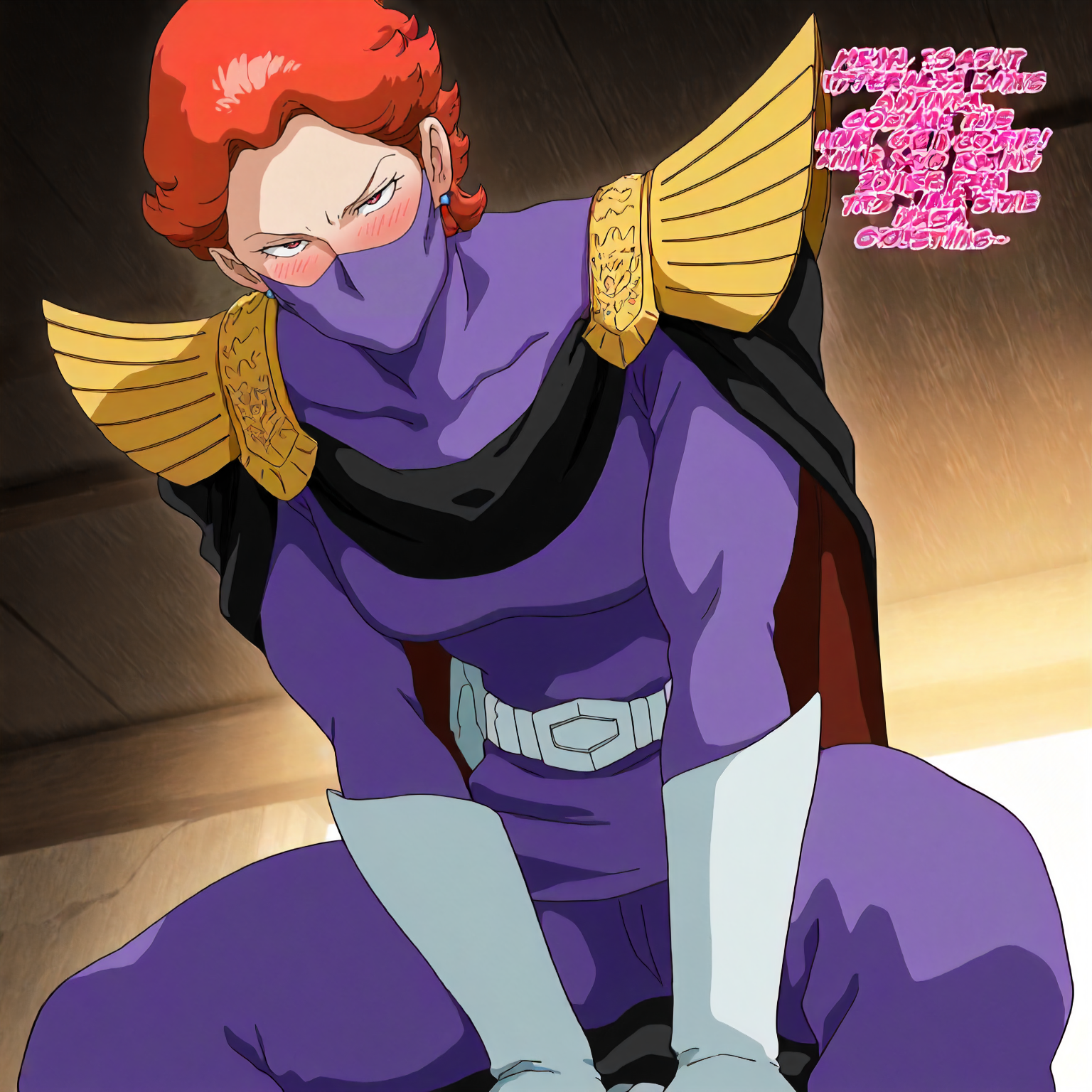 <lora:GOKycilia>,
masterpiece,best quality,good quality,newest,
blush,
looking at viewer,from below,
solo,
GOKycilia,1girl,orange hair,mask,ninja mask,red eyes,earrings,
purple military uniform,white belt,cape,capelet,white gloves,
motion line,(motion_blur:1.3),(pink text:1.3),sitting,leaning_forward,cowgirl position,sound,