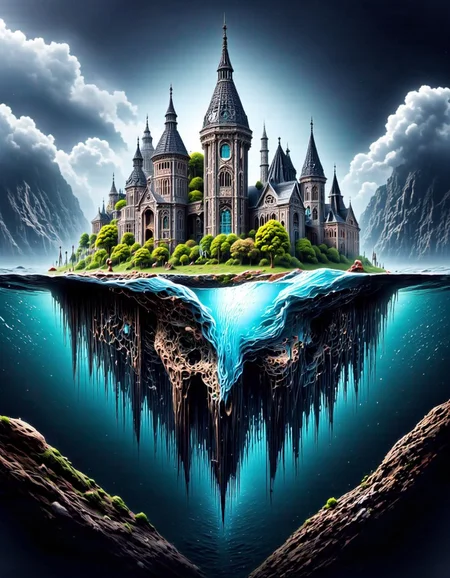 double-exposure. This is a highly detailed, digital artwork blending fantasy and surrealism. The scene is split into two distinct halves, with the upper half depicting an eerie, futuristic cityscape under the sea. The city features a grand, ancient-looking castle with intricate spires and turrets, nestled amidst lush, green trees. The castle's architecture is reminiscent of medieval European design, with tall, narrow windows and a central tower.