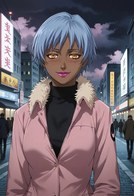 source_anime, D4RK3RTH4NBL4CK, DTB_Style, (XXX Rating), ((score_9)),score_8_up,score_7_up,score_6_up,score_5_up,score_4_up, retro_artstyle, anime style, 1woman, (dark-skinned_female:1.5), solo, solo focus, (april_(darker_than_black):1.3), (short hair), (blue hair), yellow eyes, sunglasses, pink lips, large breasts, (pink coat, winter_coat, fur_trim), Blush, Full-Faced Blush, (long_sleeves), (smile), red face, steam, looking at viewer, facing viewer, masterpiece, best quality, highres, best illumination, depth of field, Artist style:komori_takahiro, public indecency, urban, cloudy, night, cityscape background, outdoors,