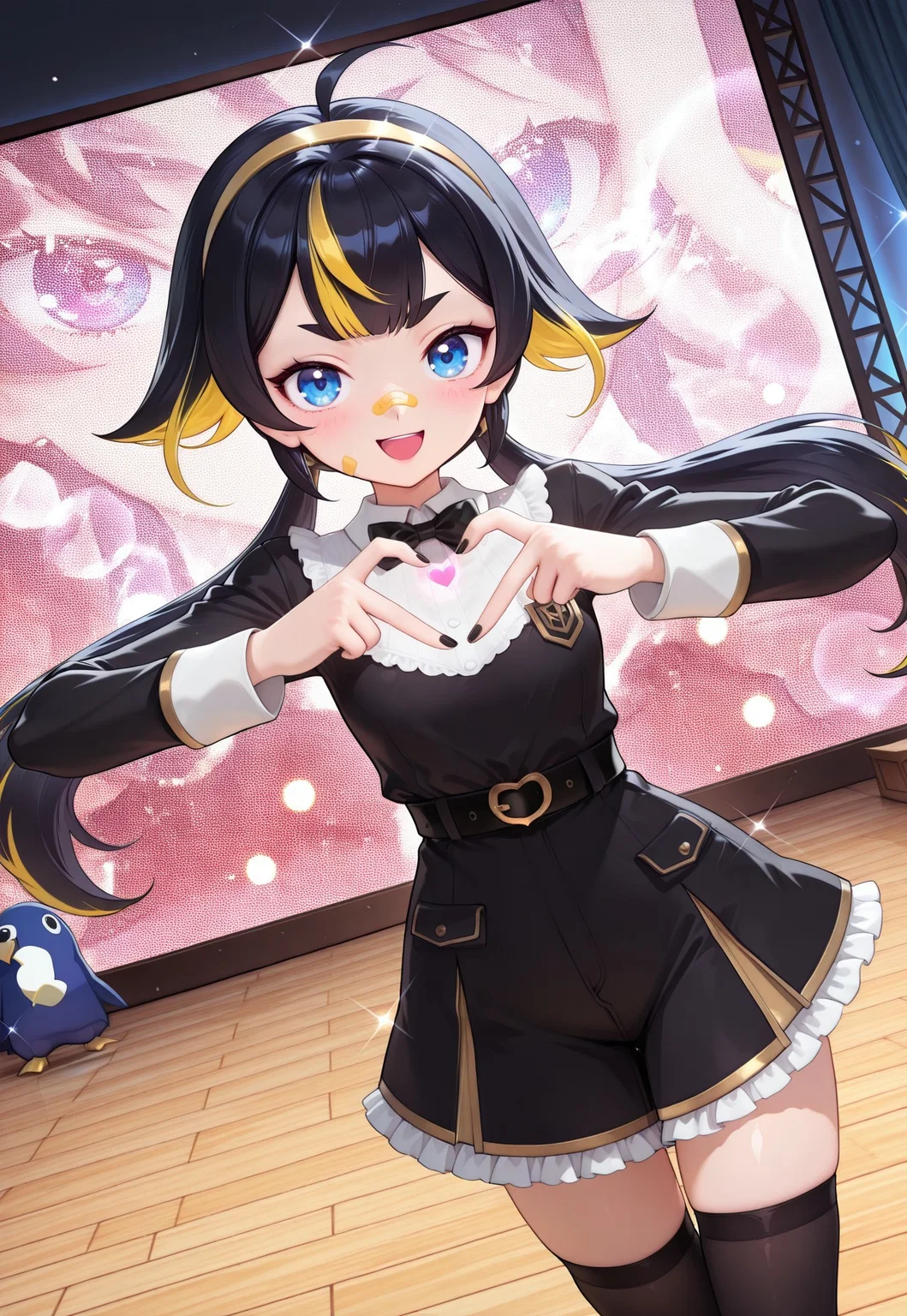 Smooth Quality, highres, hi res, best quality, masterpiece, intricate details, absurdres, 8k, (official art, anime screencap:1.1), glitter, depth of field, pinup, Glamor,
BREAK
BREAK
1girl, black hair, yellow hair, multicolored hair, twintails,Long hair, blue eyes,
BREAK
black dress,black bowtie,long sleeves,skirt,frilled dress,collared shirt,two-tone dress,belt,black thighhighs,open mouth,hairband,dress,bow,<lora:Fixhands_anime_bdsqlsz_V1:1>,cinematic_angle,dynamic_angle, prinny,
concert stage background, face_focus,looking_at_viewer,light_blush,sparkle,portrait,heart hands