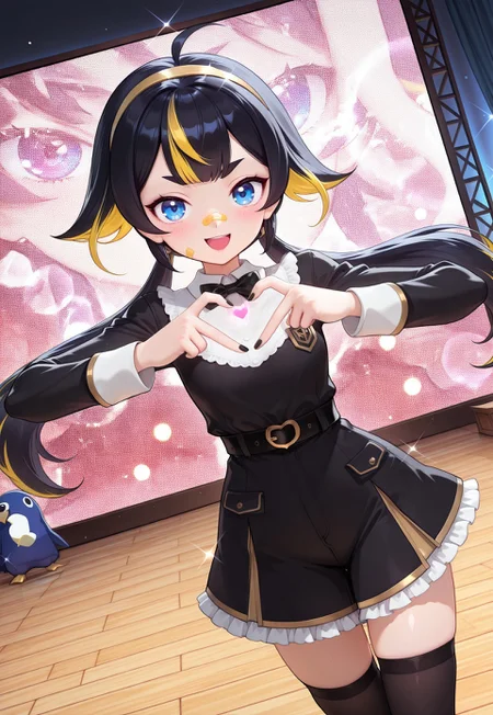 Smooth Quality, highres, hi res, best quality, masterpiece, intricate details, absurdres, 8k, (official art, anime screencap:1.1), glitter, depth of field, pinup, Glamor,
BREAK
BREAK
1girl, black hair, yellow hair, multicolored hair, twintails,Long hair, blue eyes,
BREAK
black dress,black bowtie,long sleeves,skirt,frilled dress,collared shirt,two-tone dress,belt,black thighhighs,open mouth,hairband,dress,bow,<lora:Fixhands_anime_bdsqlsz_V1:1>,cinematic_angle,dynamic_angle, prinny,
concert stage background, face_focus,looking_at_viewer,light_blush,sparkle,portrait,heart hands