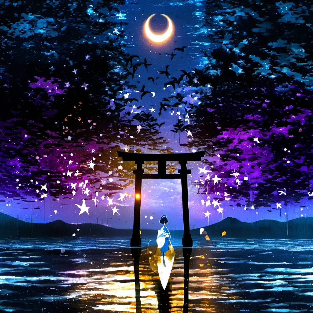 <lora:star_xl_v2:1>,
a person standing in front of a lantern in the dark with a crescent on it and a full moon in the sky, 1girl, solo, standing, japanese clothes, sky, water, tree, night, moon, bug, scenery, silhouette, torii, crescent moon, star \(sky\), nature, starry sky, The image portrays a serene and mystical night scene. In the foreground, there's a silhouette of a person standing in front of a large, ornate torii gate. The gate is illuminated from the inside, casting a warm, golden glow. The person is dressed in traditional attire, possibly a kimono, and is facing away from the viewer, looking towards the horizon. The background is filled with a mesmerizing blend of colors, predominantly blues and purples, representing the night sky. There are numerous stars scattered throughout, and a crescent moon is visible in the center. The water below reflects the colors of the sky, adding to the tranquility of the scene. On the right side, there's a silhouette of a butterfly, adding a touch of life and movement to the otherwise still image., serene, mystical, night scene, torii gate, golden glow, traditional attire, stars, butterfly