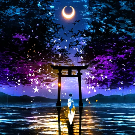 <lora:star_xl_v2:1>,
a person standing in front of a lantern in the dark with a crescent on it and a full moon in the sky, 1girl, solo, standing, japanese clothes, sky, water, tree, night, moon, bug, scenery, silhouette, torii, crescent moon, star \(sky\), nature, starry sky, The image portrays a serene and mystical night scene. In the foreground, there's a silhouette of a person standing in front of a large, ornate torii gate. The gate is illuminated from the inside, casting a warm, golden glow. The person is dressed in traditional attire, possibly a kimono, and is facing away from the viewer, looking towards the horizon. The background is filled with a mesmerizing blend of colors, predominantly blues and purples, representing the night sky. There are numerous stars scattered throughout, and a crescent moon is visible in the center. The water below reflects the colors of the sky, adding to the tranquility of the scene. On the right side, there's a silhouette of a butterfly, adding a touch of life and movement to the otherwise still image., serene, mystical, night scene, torii gate, golden glow, traditional attire, stars, butterfly