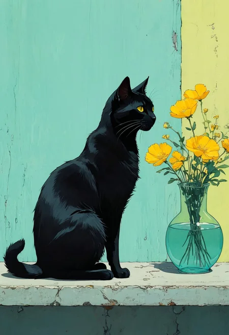 A minimalistic and artistic composition featuring a black cat sitting gracefully beside a small, weathered teal-colored table. On the table stands a transparent glass vase filled with tall, vibrant yellow flowers, their delicate blossoms spreading outward in a lush and organic arrangement. The cat, with its sleek black fur and piercing yellow eyes, sits calmly, its tail curling slightly on the ground. The background is a simple, soft green wall with a subtle texture, creating a harmonious contrast with the vibrant flowers and the dark silhouette of the cat. The overall atmosphere is serene and artistic, emphasizing simplicity, color contrast, and the quiet beauty of everyday moments.. (anime, cyberpunk, Moebius (Jean Giraud) Style page)