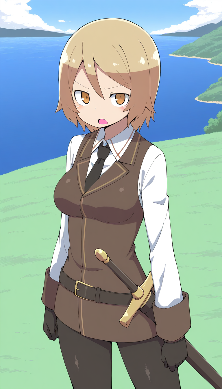 general,highres, ultra-detailed,very aesthetic,best quality ,best hands,  BREAK  <lora:Moka_margaret_IS:1>Moka_margaret, 1girl, short hair, blonde hair, brown hair, brown eyes, breasts,
solo, gloves, necktie, black gloves, weapon, black necktie, vest, long sleeves, shirt, open mouth, sword, sheath, 
cowboy shot, collared shirt, white shirt, pants, yellow eyes, looking at viewer, sheathed, arms at sides, standing, orange eyes, bangs, pantyhose, brown vest, black pants,
island, grass,