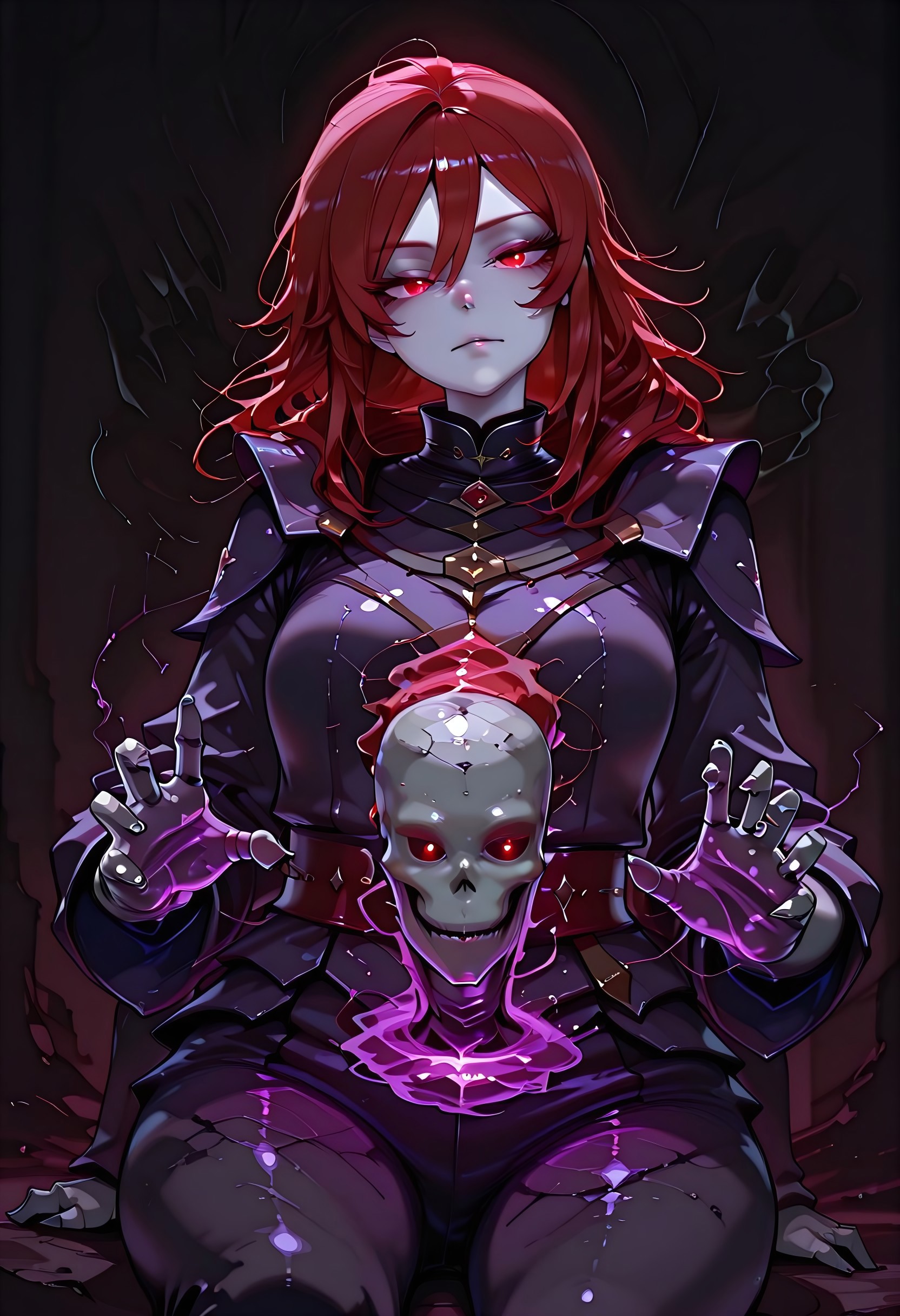 masterpiece, best quality, highres, absurdres, amazing quality, high resolution, 
Red Eyes, Red Hair, pale skin
from below, expressionless, , sitting, head tilt, dutch angle, <lora:chill_touch_Test:0.8>chill_touch-(magic), outstretched handskeletal disembodied hand, purple blue magic, solo, claws, cowboy shot , glowing eyes, dimmed, dark background, simple background,