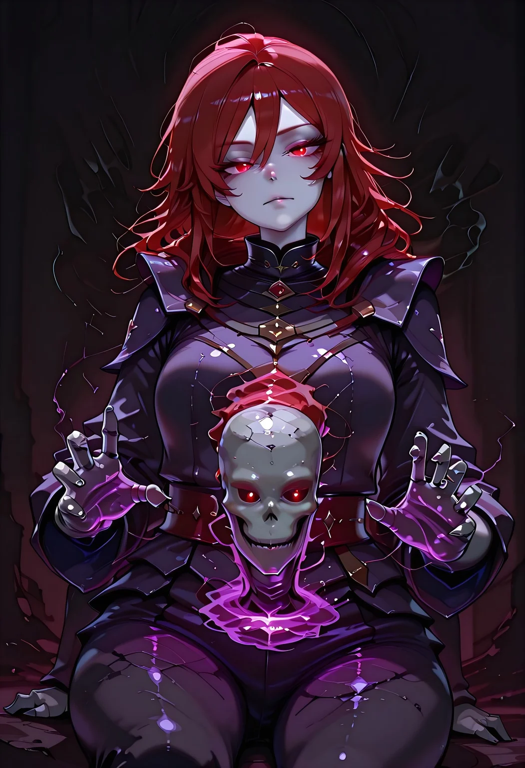 masterpiece, best quality, highres, absurdres, amazing quality, high resolution,
Red Eyes, Red Hair, pale skin
from below, expressionless, , sitting, head tilt, dutch angle, <lora:chill_touch_Test:0.8>chill_touch-(magic), outstretched handskeletal disembodied hand, purple blue magic, solo, claws, cowboy shot , glowing eyes, dimmed, dark background, simple background,
