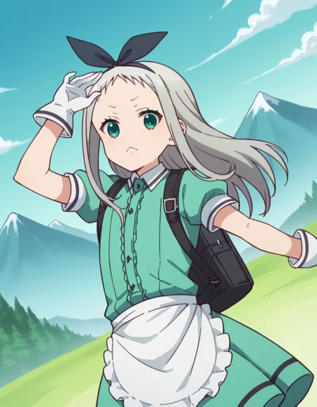 score_9, score_8_up, score_7_up, source_anime, <lora:hideri-kanzaki-s1-ponyxl-lora-nochekaiser:1>, hideri kanzaki, long hair, bow, green eyes, hair bow, grey hair, male focus, hairband, black hairband, otoko no ko, forehead,, gloves, dress, short sleeves, frills, puffy sleeves, white gloves, apron, puffy short sleeves, waist apron, white apron, frilled apron, waitress,, mountain trail, hiking, nature, backpack, adventure, fresh air, , looking at viewer, arm up, foot crossed over, hand clenched, solo,, cowboy shot, dutch angle