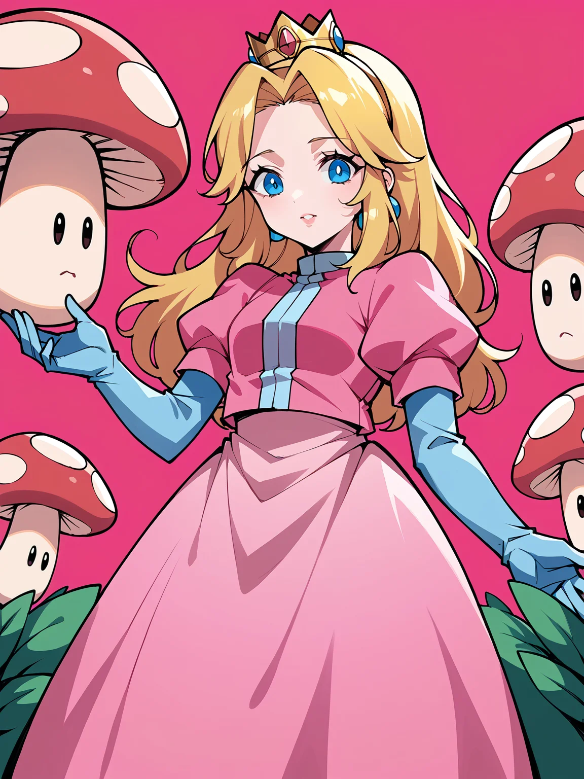 source_anime, score_8_up, unifiedmaria <lora:Unified Maria (PDXL):0.9> 
(princess peach outfit:0.7), crown, pink dress, super mushroom