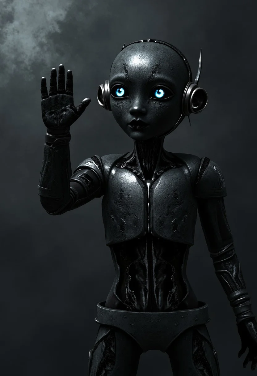 A photo of a beautiful metal robot waving to the camera with thick black smoke in the background